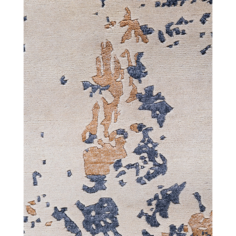 Ivory and Blue Hand-Knotted Wool and Silk Area Rug