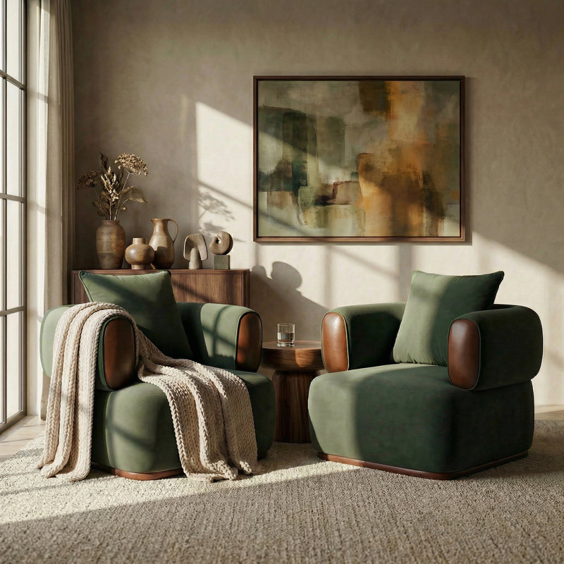 Chaise d'appoint rembourrée en velours avec accoudoirs et coussin ronds, Sauge, 2