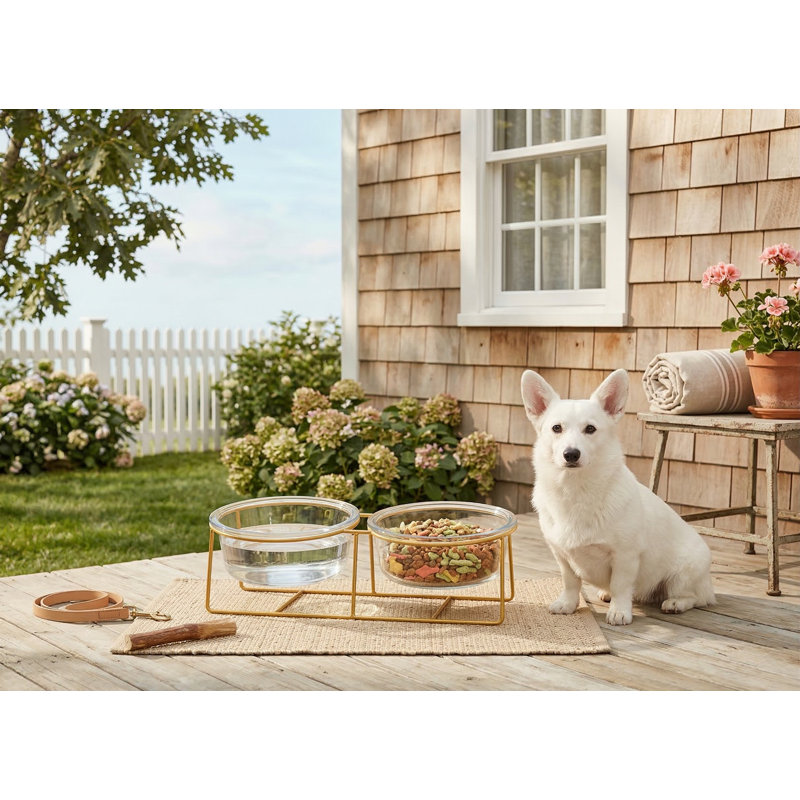 Support en fer doré surélevé avec 2 bols en verre, pour petits chiens, ensemble de nourriture et d'eau