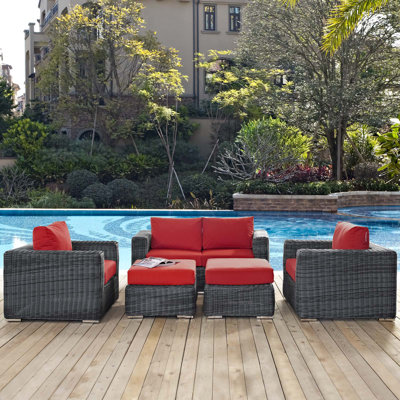 Summon 5 Piece Rattan Sunbrella Sectional Seating Group with Cushions