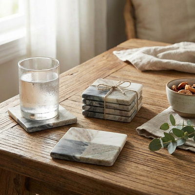 4Pc Asstd Marble Square Coaster 4X4"