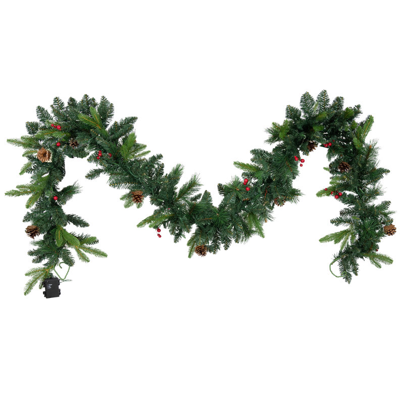 Guirlande de Noël artificielle Sunnydaze Holiday Glimmer 9 pi avec pommes de pin et baies de houx