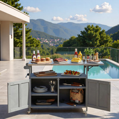 Foldable Outdoor Kitchen Island With Stainless Steel Worktop, Lockable Wheels, Storage Cabinet, Towel Rack And Two-tier Spice