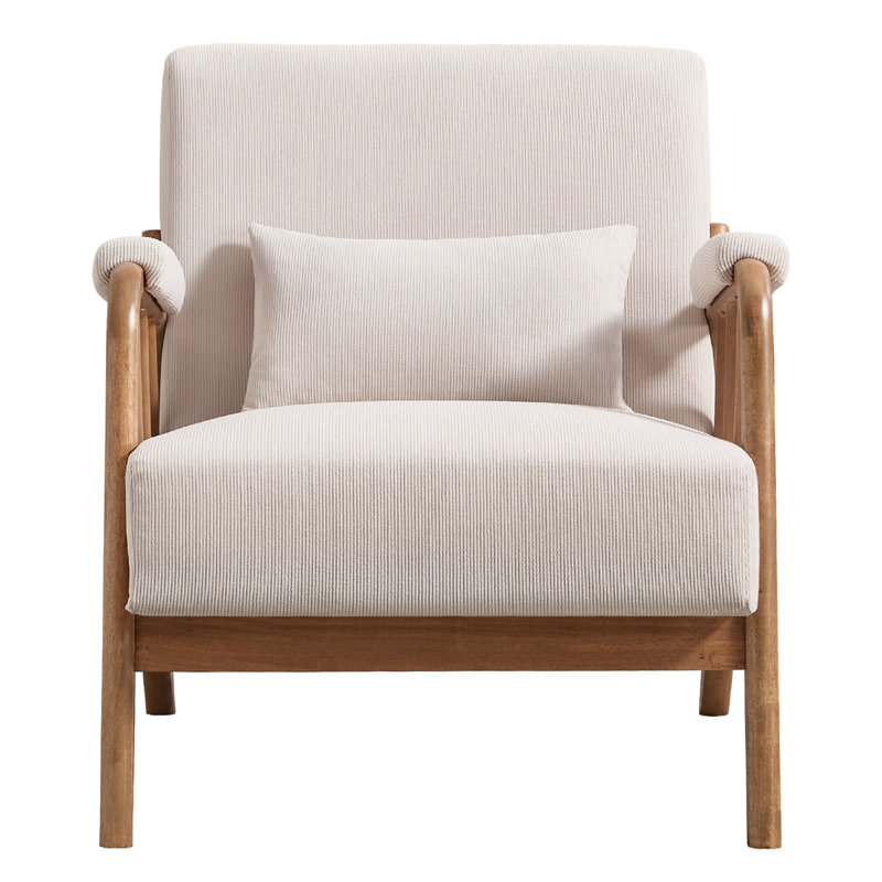 Fauteuil d'appoint rembourré moderne en bois massif de 27,17 po de largeur avec coussin supplémentaire, Velours côtelé beige