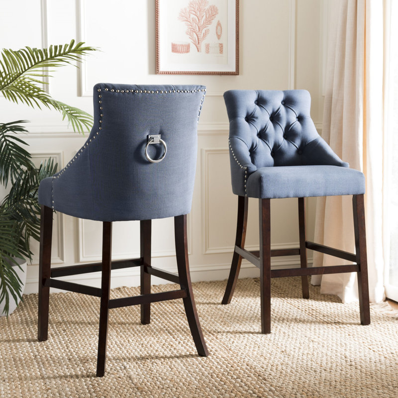 Balyon Upholstered Counter Stool, Linen-Navy, Bar Stool (30" Seat Height)