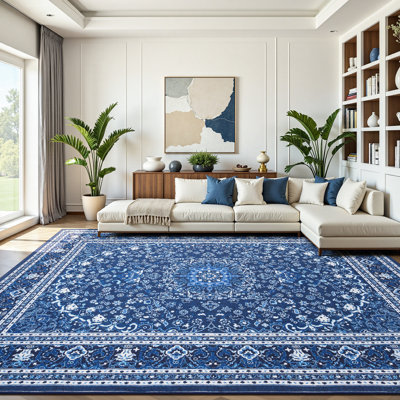 9'X12' Washable Vintage Boho Floral Area Rugs Super Soft Faux-Wool Non-Slip Low Pile Blue White