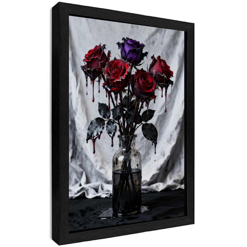 Art mural rétro noir encadré rose mortuaire, impressions de style gothique foncé, 25" H x 17" W