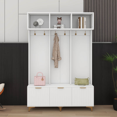 Grand portemanteau de rangement moderne avec banc, banc de rangement multifonctionnel avec portes cannelées ultrabrillantes