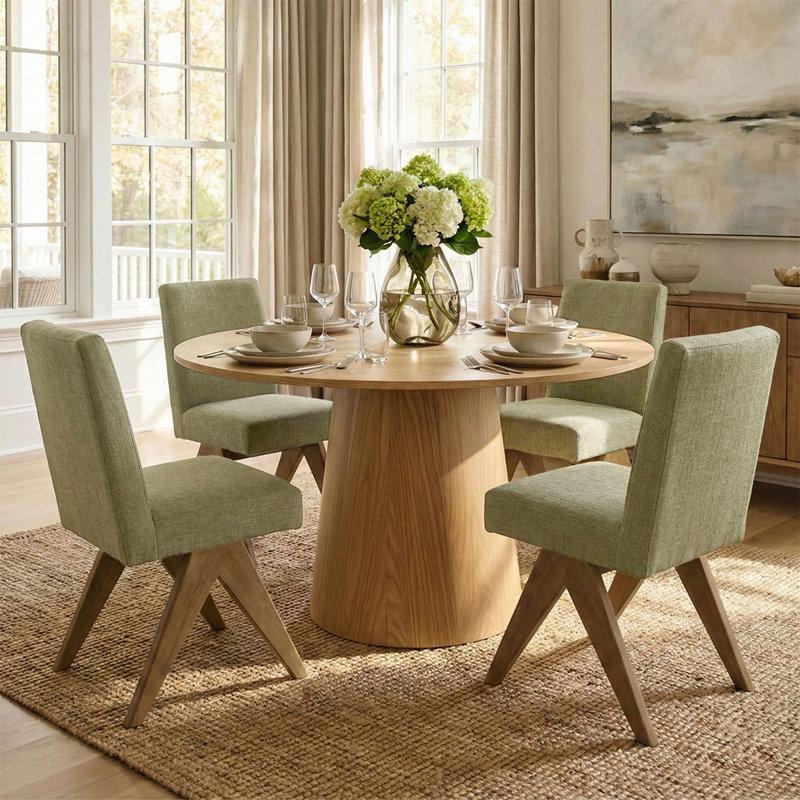 Gregg 4 - Person Dining Table Sets With 52'' Round Table & 4 Upholstered Solid Wood Chairs, Green