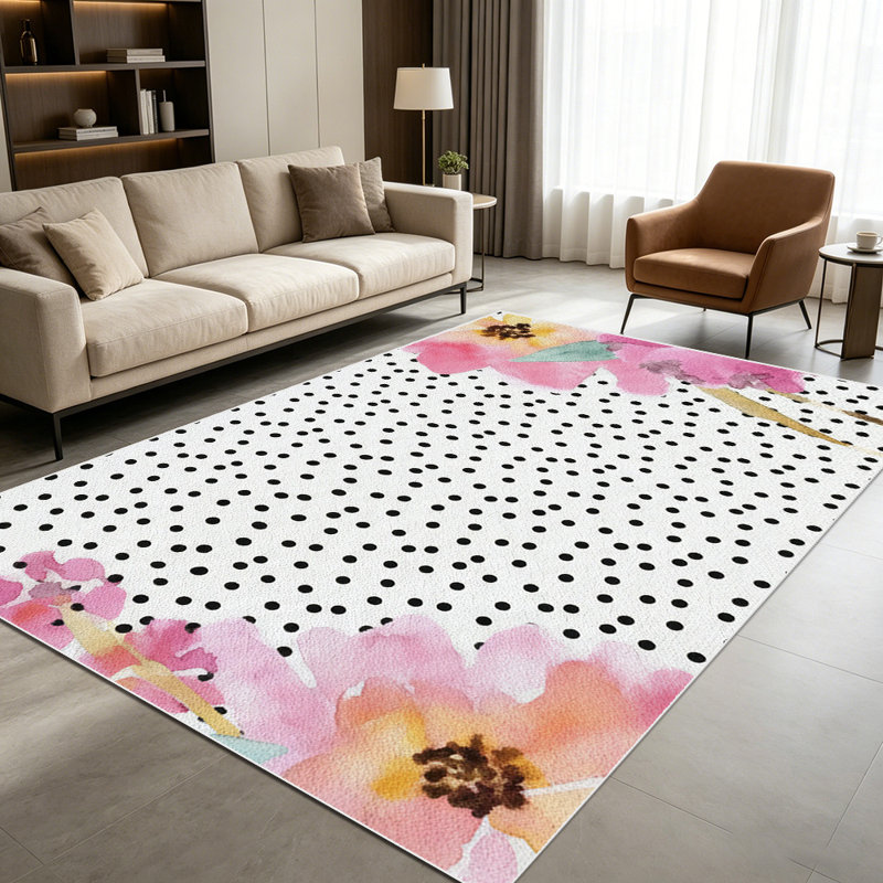 1PC Black Polka Dot Watercolor Pink Floral area rugs for Living Room, Soft, All seasons, Easy-maintain, Washable Indoor mat, Farmhouse suitable for dining table, bedroom, kitchen, entryway, backyard patio, home office, Home Decor, Outdoor Decor.