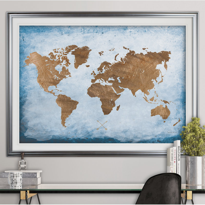 Washy World Map - reproduction d'art encadrée, Argent, H 30 po x l 40 po x P 1,5 po