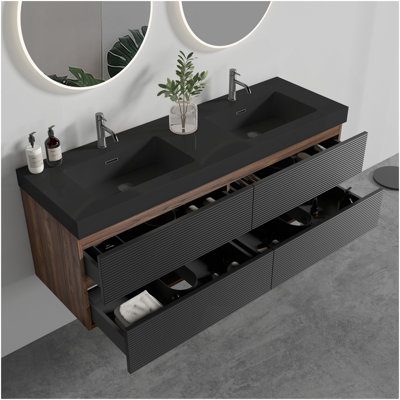 Grace 60" Walnut Bathroom Vanity With Matt Black Engineered Quartz Sink And Soft Black Drawers, Wall Mounted Floating Bathroom Vanity For Modern Bathroom, Without Drainage And Faucet, Pre-Assembled