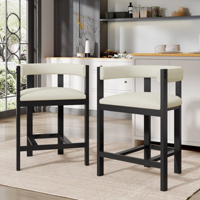  Tabourets de comptoir contemporains beiges, ensemble luxueux de 2 tabourets de baril découpés, siège de baignoire moderne à profil bas en bois d'hévéa noir