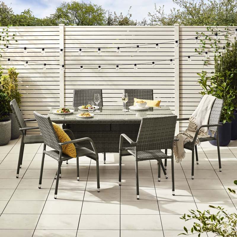 Karren 6 Seater Garden Dining Set - PE Rattan & Tempered Glass Outdoor Set - Modern Gardens & Patios, Grey