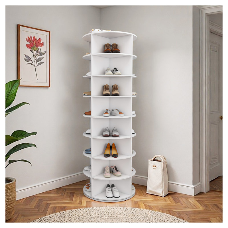 8-Tier Rotating Shoe Rack Tower - 360° Revolving Shoe Organizer, Free Standing Space Saving Design Holds 32 Pairs, White PVC Shoe Storage for Closet & Entryway