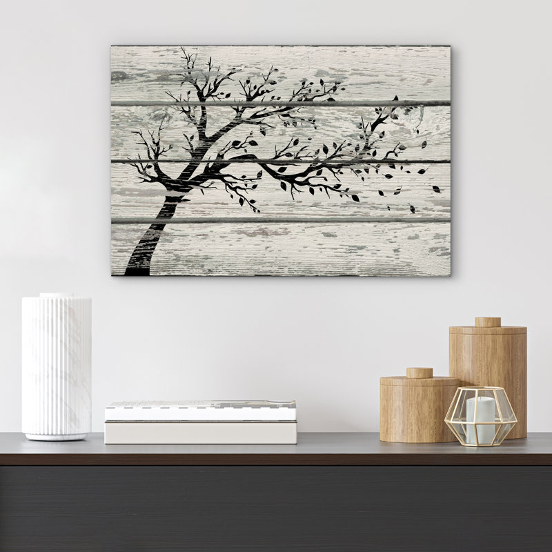 Arbre avec feuilles en noir et blanc sur fond effet bois rétro, impression sur toile rustique, H 32 po x l 48 po