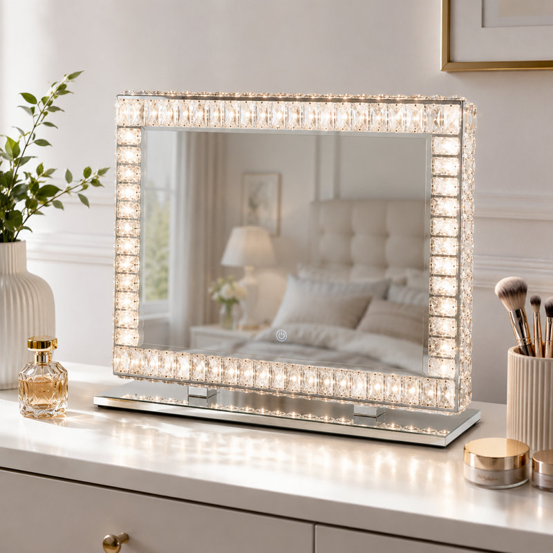 Miroir de maquillage lumineux en cristal avec éclairage 3 couleurs, commande tactile, à poser ou à fixer au mur