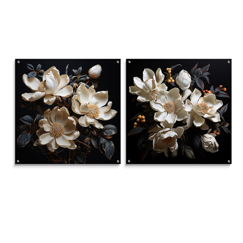 Magnolias émergent de l'ombre en noir, H 36 po x l 73 po