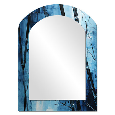 Serenity In Wild Blue Bamboo III - grand miroir mural asymétrique en bambou, miroir décoratif arqué bleu, impression d'art en métal