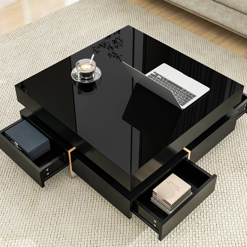 Table basse carrée noire avec 4 tiroirs et fabrication, 31,5 po x 31,5 po