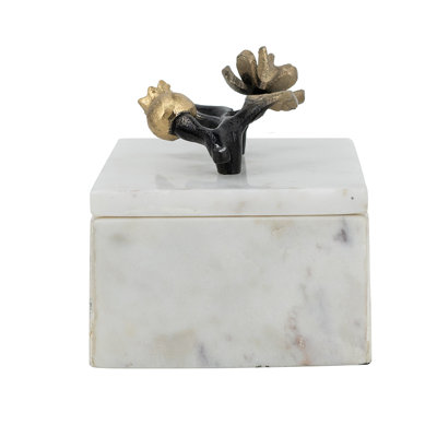 7X4.5X5" Decorative White Marble Storage Box With Black And Gold Branch Accent