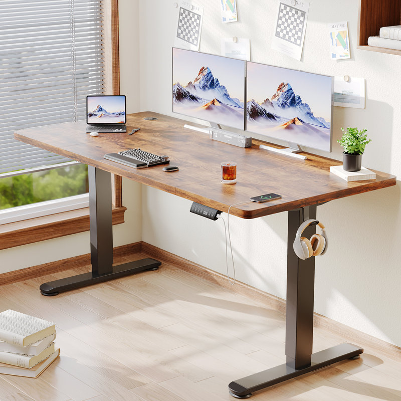 Adjustable Metal Base Standing Desk, Brown/Black, 72cm H x 160cm W x 80cm D