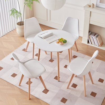 4 - Person Dining Set - Modern Round Kitchen & Dining Table Set With 4 Upholstered Chairs - Natural Wood Legs