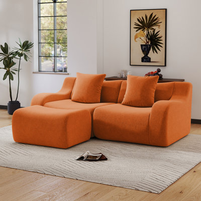 L-Shaped Soft Teddy Fabric Couch With Ottoman