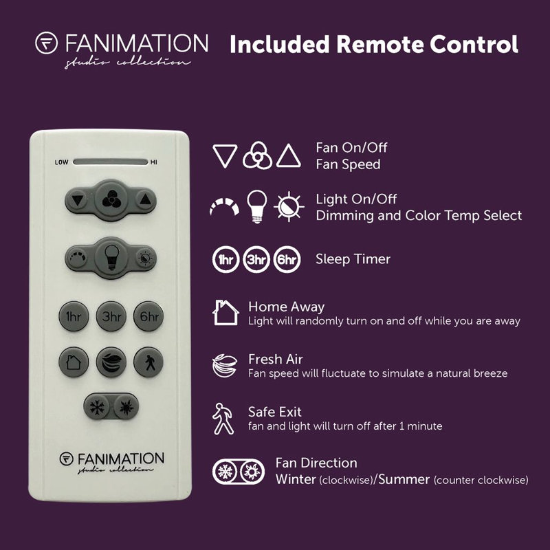 Ventilateur de plafond avec télécommande réversible - Moteur CC 16 vitesses et éclairage avec sélection de la température de couleur - Blanc
