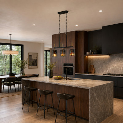 23.6" 3-Light Linear Kitchen Island Pendant with Smoked Ripple Glass Shades, Adjustable Height, Black and Brass