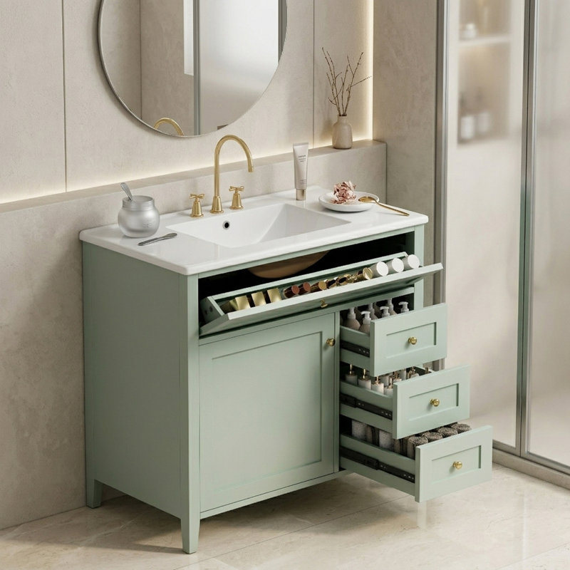 Meuble-lavabo autoportant avec lavabo, 3 tiroirs et tablette réglable, Light Green, H 33,9 po x l 36 po x P 18,3 po