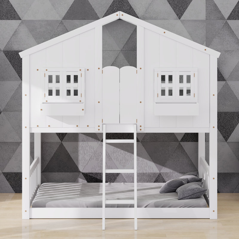 Lit superposé House avec toit, fenêtre, boîte de fenêtre, porte, avec barrières de sécurité et échelle