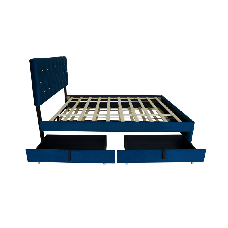 GRAND LIT MODERNE EN VELOUR AVEC MODÈLE DOUBLE ET 2 TIROIRS DE RANGEMENT - BLEU (VIEUX SKU: W1867S00001)