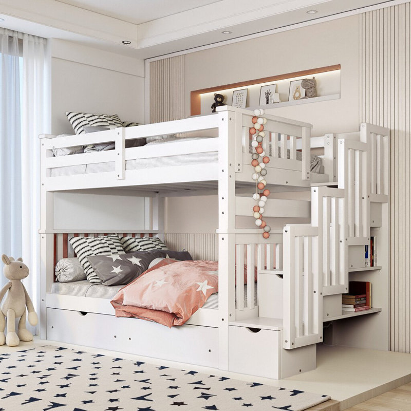 Lit superposé double au-dessus de double avec 6 tiroirs de rangement Modern, Blanc