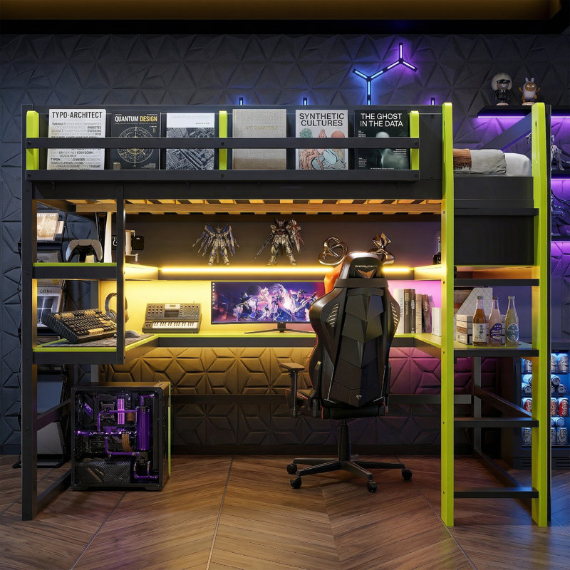 Lit mezzanine en bois de 78 po avec bureau de jeu et lumières à DEL RVB - Cadre double / double robuste avec ports USB et support de chevet
