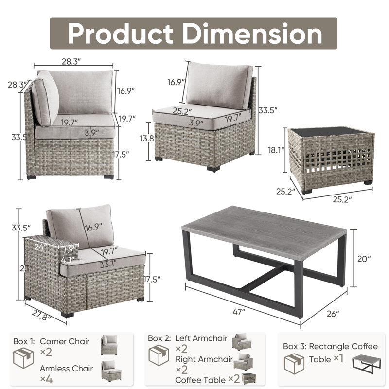 Clute Arnoltice 10 - Person Outdoor Wicker Rattan Patio Sectional Seating Group With Armless Chairs And Coffee Table, Beige