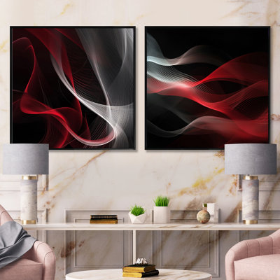 Red Black Contemplative Abstraction - Modern Waves Square Collage Set Of 2