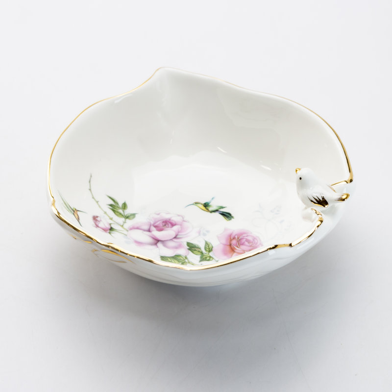 Gold Songbird 12 oz. Rose Porcelain Dessert Bowl