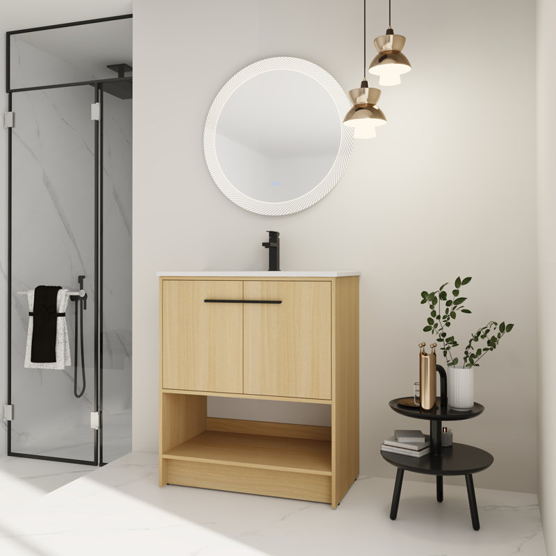 Meuble-lavabo moderne 30 po avec lavabo en céramique et rangement à fermeture en douceur, Naturel