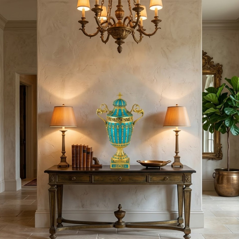 Élégant et décoratif pot classique Mythos de 30 pouces avec porcelaine bleue et bronze pour la maison et le bureau