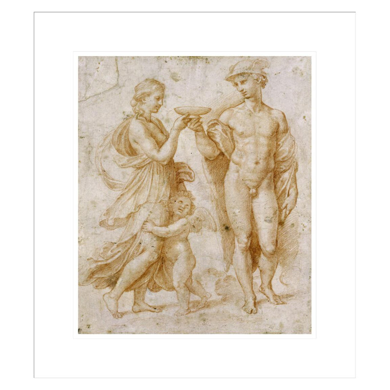 Mercury Offrant la coupe de l'Immortalité à Psyché par Raphael - Impression Giclée encadrée, H 20,03 po x l 17,75 po