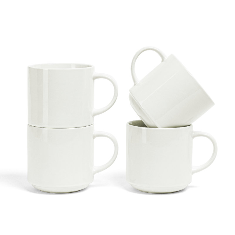 Over&Back Stackable Semi-Matte Hand-Finished Stoneware Mugs, Set of 4, Glossy White