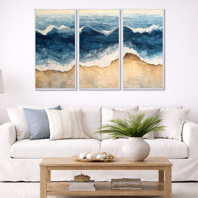 Tropical Beach Wall Art, Ocean Ripple Canvas - Daryl 3 Piece Framed Canvas Wall Art Set Abstract Coastal Decor