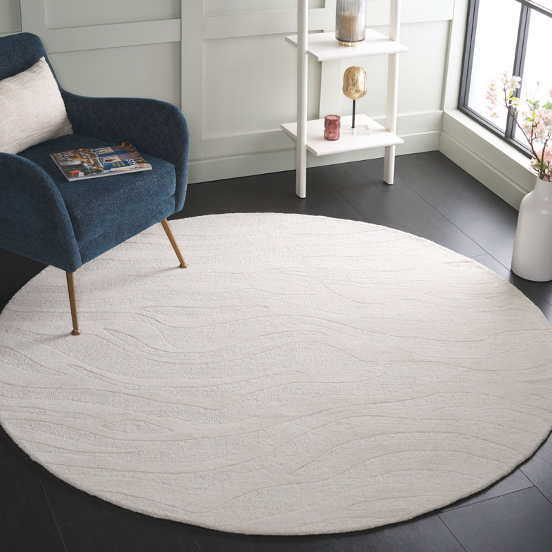 Burleson Abstract Hand Tufted Wool Area Rug in Ivory, Round 6'