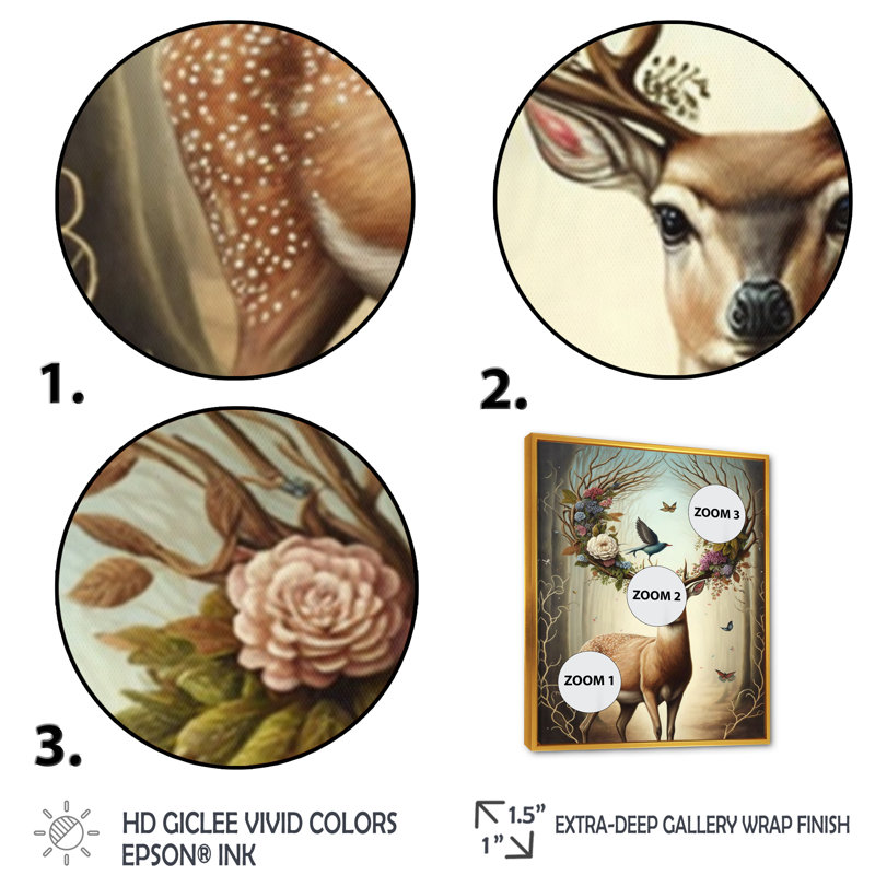 «Deer with Blooming Antler V», reproduction sur toile, H 44 po x l 34 po x P 1,5 po, Toile avec cadre flottant or