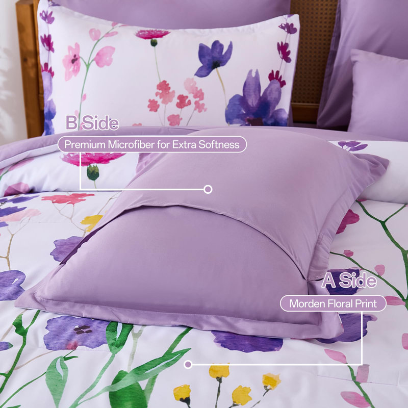 8-Piece Floral Reversible Comforter Set, Soft Microfiber All-Season Complete Bedding Set, Purple