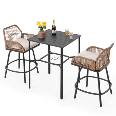 3PCS Swivel Patio Bar Set with Cushions, Handwoven Twisted Rattan Design