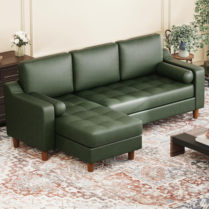 88.9" L-Shape Leather Sectional with Chaise, Green, Green
