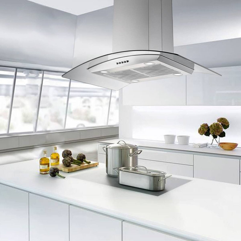 30 Inch Island Range Hood 700Cfm, Ceiling Mount Kitchen Vent Hood Stainless Steel Ducted/Ductless Convertible,5-Layer Filters, Curved Tempered Glass