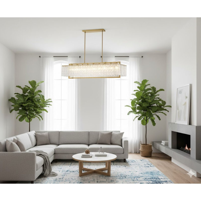 9-Light Brass Chandelier With Hanging Clear Rippled Glass